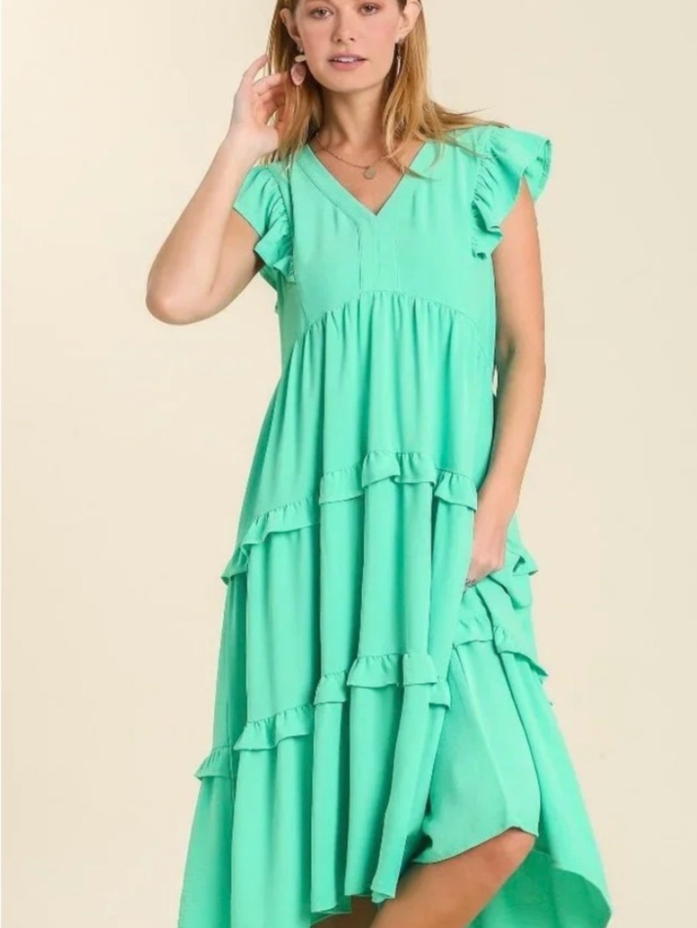 Umgee Green Ruffle Tiered V-Neck Dress Small